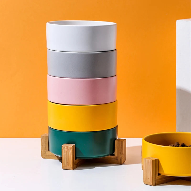 Ceramic Pet Bowl with Wooden Stand – Stylish, Non-Slip, & Easy to Clean