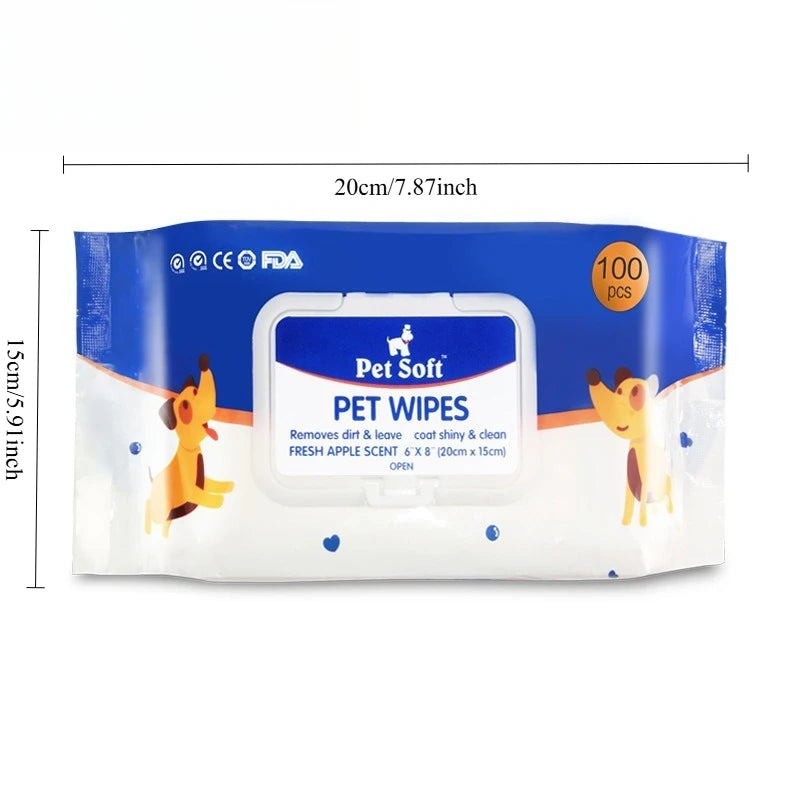 Pack of 100 pet wipes for dogs and cats, designed to gently clean bottoms, paws, and fur, with odor elimination and hypoallergenic formula.