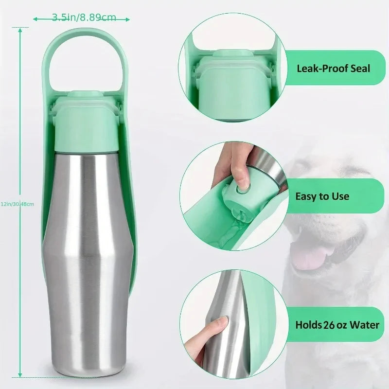 Stainless Steel 2-in-1 Dog Water Bottle and Bowl with Leakproof Insulation Design