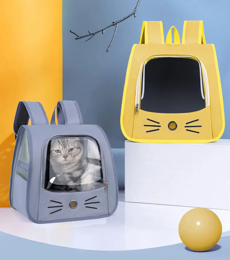 Transparent portable travel backpack for cats and small dogs, breathable shoulder carrier with mesh sides and front window for pet travel comfort.