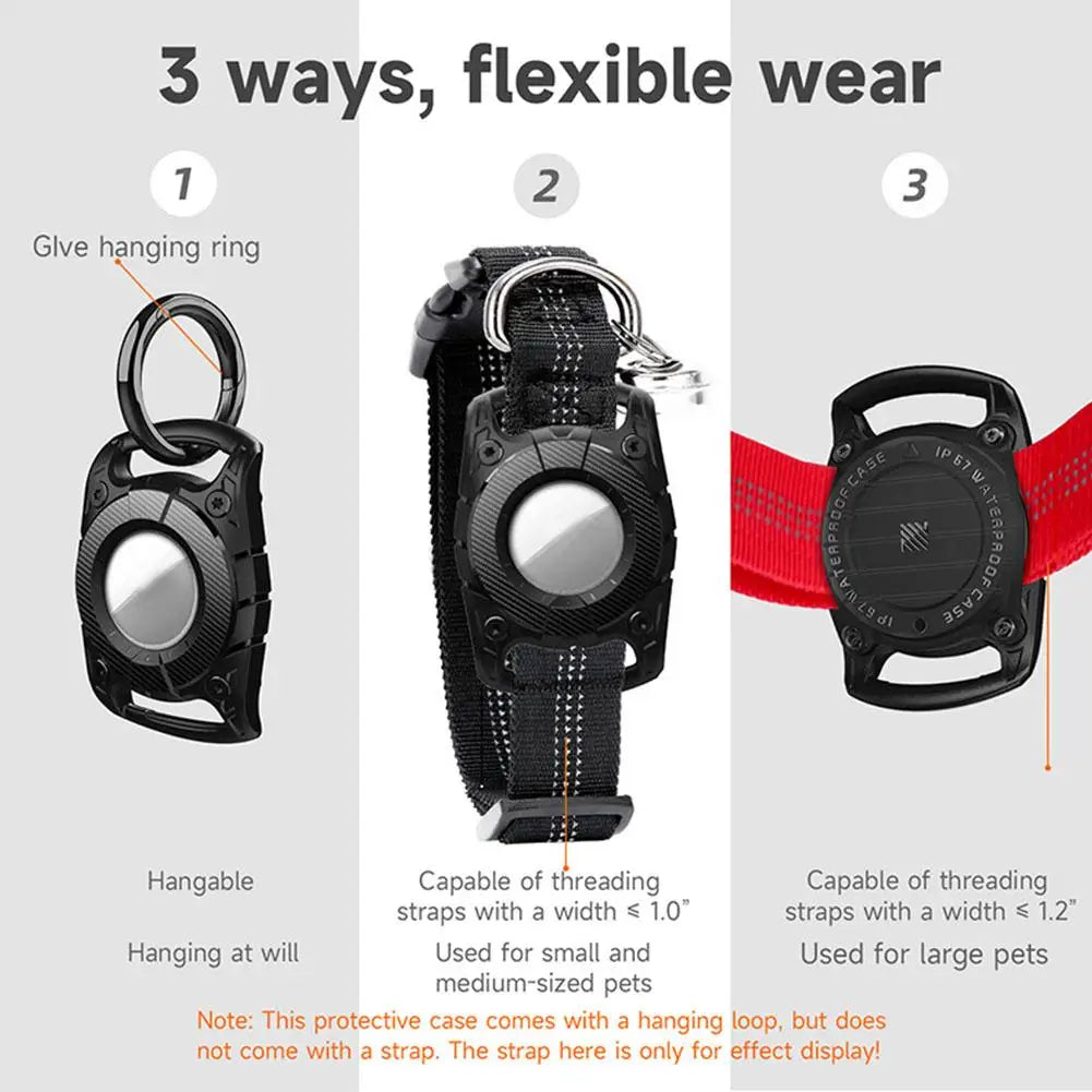 IP67 Waterproof Protective AirTag Case attached to a pet collar for GPS tracking