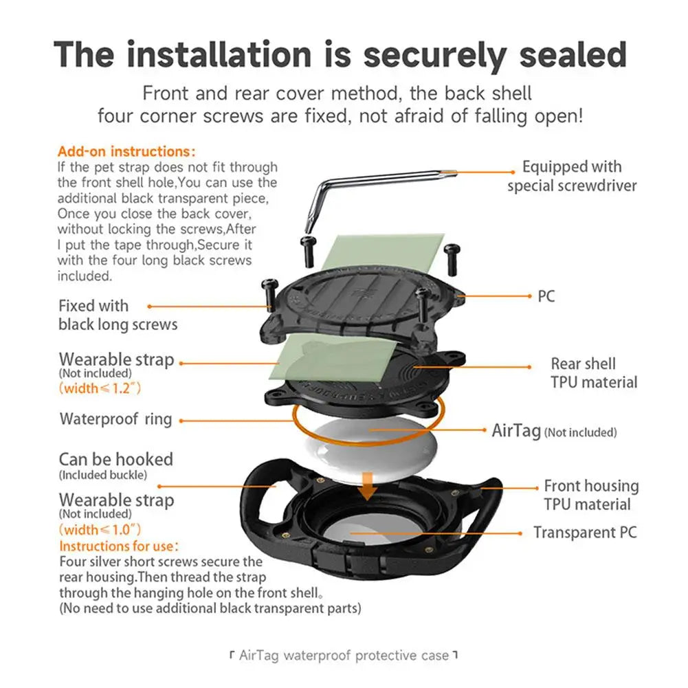 IP67 Waterproof Protective AirTag Case attached to a pet collar for GPS tracking