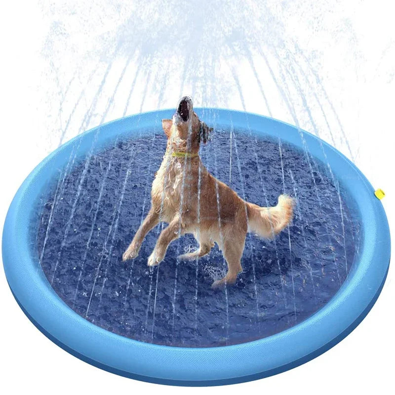 Golden retriever playing on an inflatable doggy splash pad in a backyard