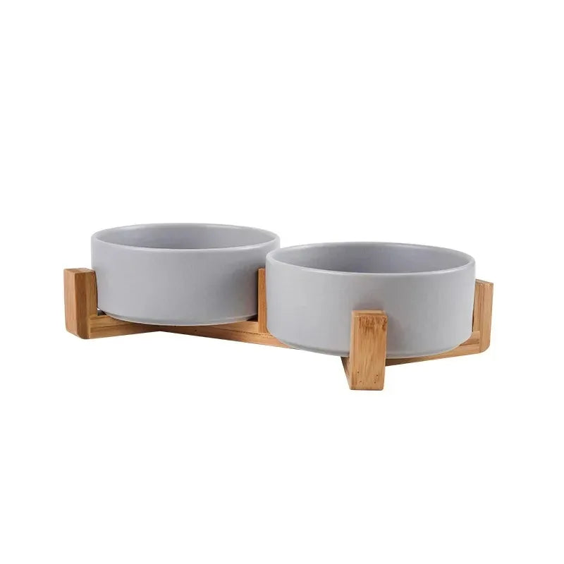 Ceramic Pet Bowl with Wooden Stand – Stylish, Non-Slip, & Easy to Clean