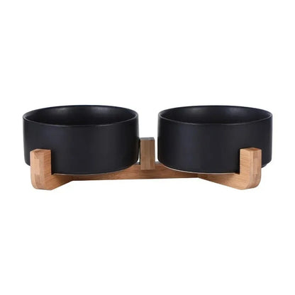 Ceramic Pet Bowl with Wooden Stand – Stylish, Non-Slip, &amp; Easy to Clean