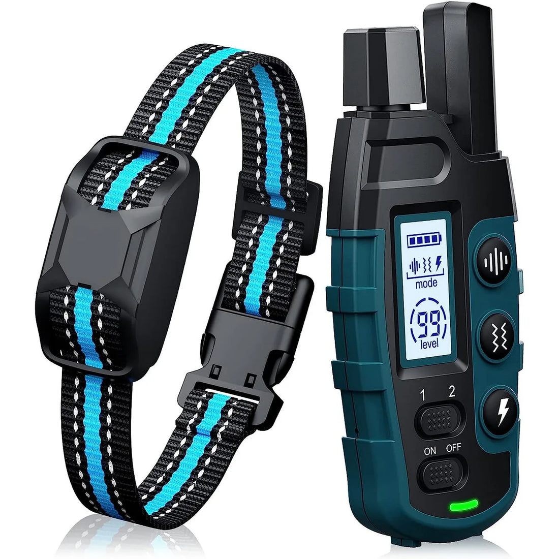 3300FT waterproof rechargeable dog training collar with remote, featuring beep, vibration, and shock modes for small, medium, and large dogs.