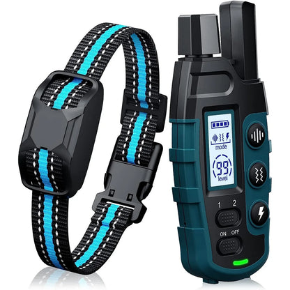 3300FT waterproof rechargeable dog training collar with remote, featuring beep, vibration, and shock modes for small, medium, and large dogs.