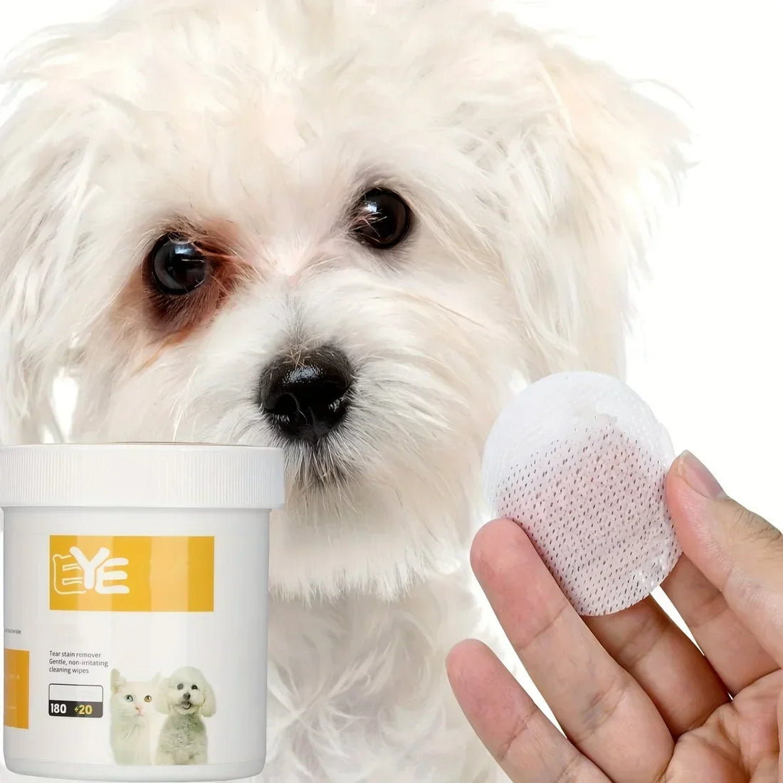 200pcs pet eye cleaning wipes in a resealable pack, designed to gently clean tear stains and eye discharge for dogs, cats, and puppies.