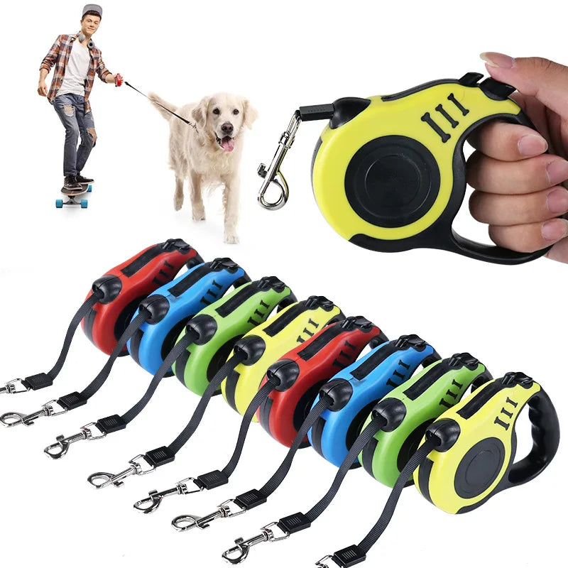 Retractable flexi dog leash in black with anti-slip handle and 3M or 5M nylon cord, designed for dogs of all sizes.