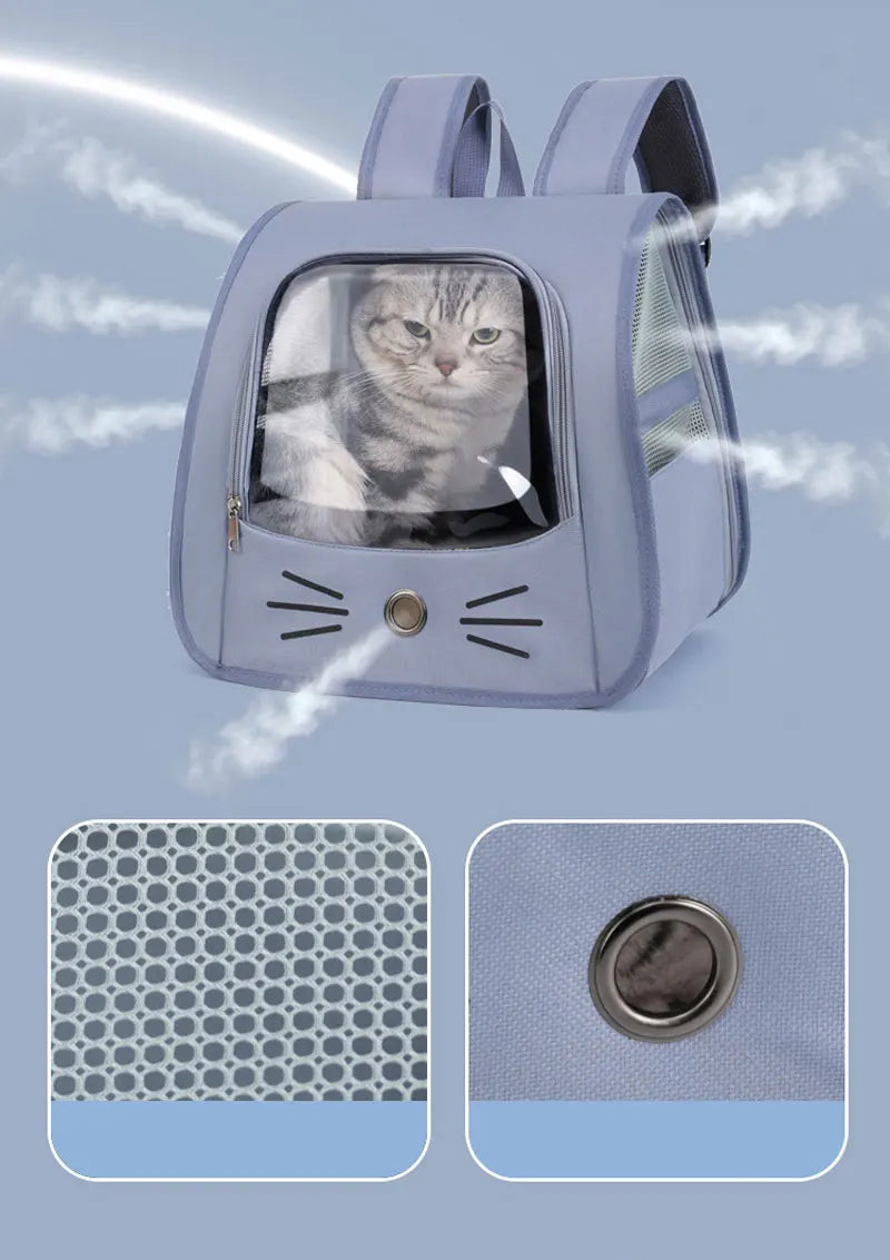 Transparent portable travel backpack for cats and small dogs, breathable shoulder carrier with mesh sides and front window for pet travel comfort.