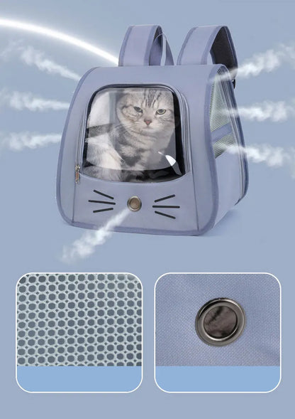 Transparent portable travel backpack for cats and small dogs, breathable shoulder carrier with mesh sides and front window for pet travel comfort.