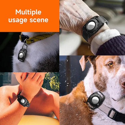 IP67 Waterproof Protective AirTag Case attached to a pet collar for GPS tracking
