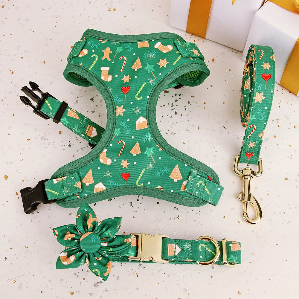 Christmas Dog Walking Set – Breathable Festive Harness, Collar &amp; Leash