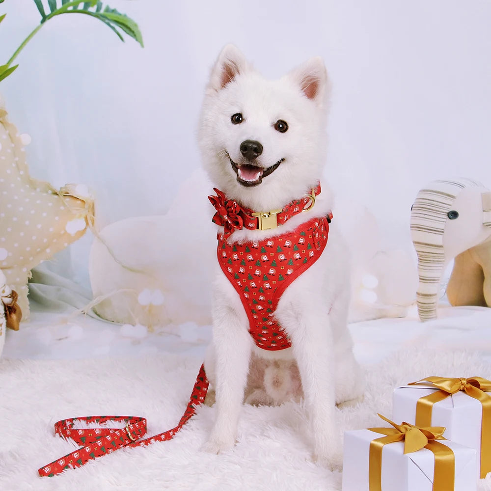 Christmas Dog Walking Set – Breathable Festive Harness, Collar &amp; Leash