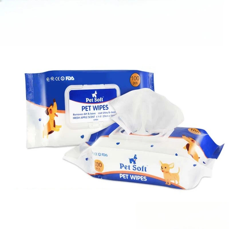 Pack of 100 pet wipes for dogs and cats, designed to gently clean bottoms, paws, and fur, with odor elimination and hypoallergenic formula.