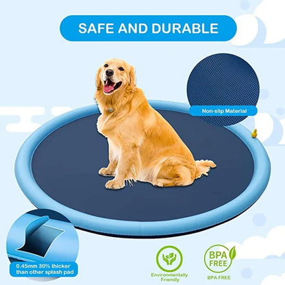 Golden retriever playing on an inflatable doggy splash pad in a backyard