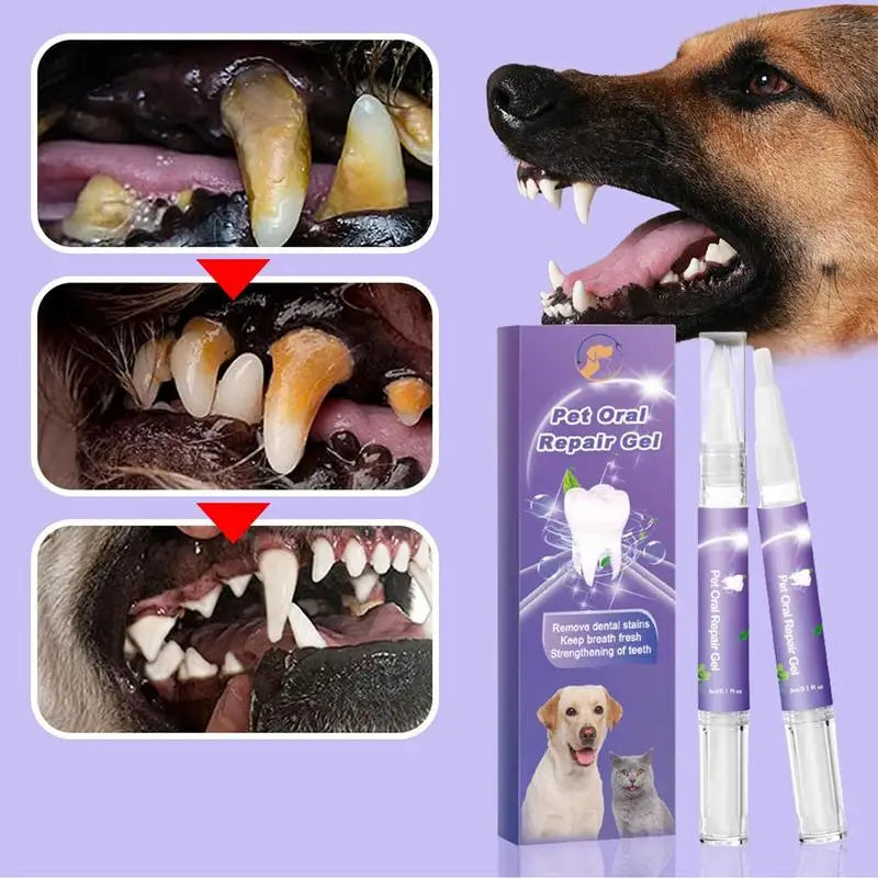 Natural pet oral repair gel toothpaste for dogs and cats with no-brush application, helps clean teeth, freshen breath, and repair gums.

