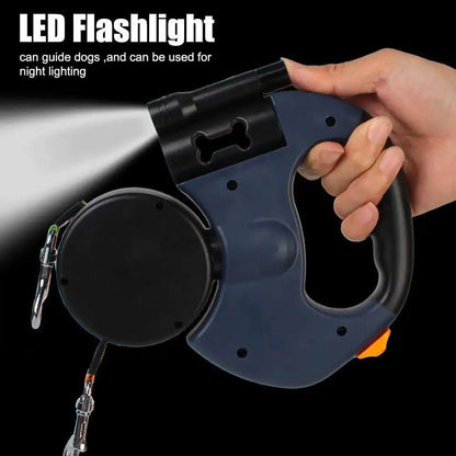 3M dual retractable dog leash with LED flashlight and built-in dog poop bags holder, ideal for walking two dogs with 360° tangle-free control.

