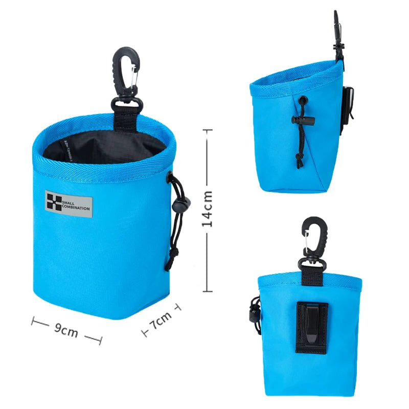 Outdoor Portable Dog Training Snack Bag for miniature breeds with clip-on design, quick-access treat pouch, and leash attachment.