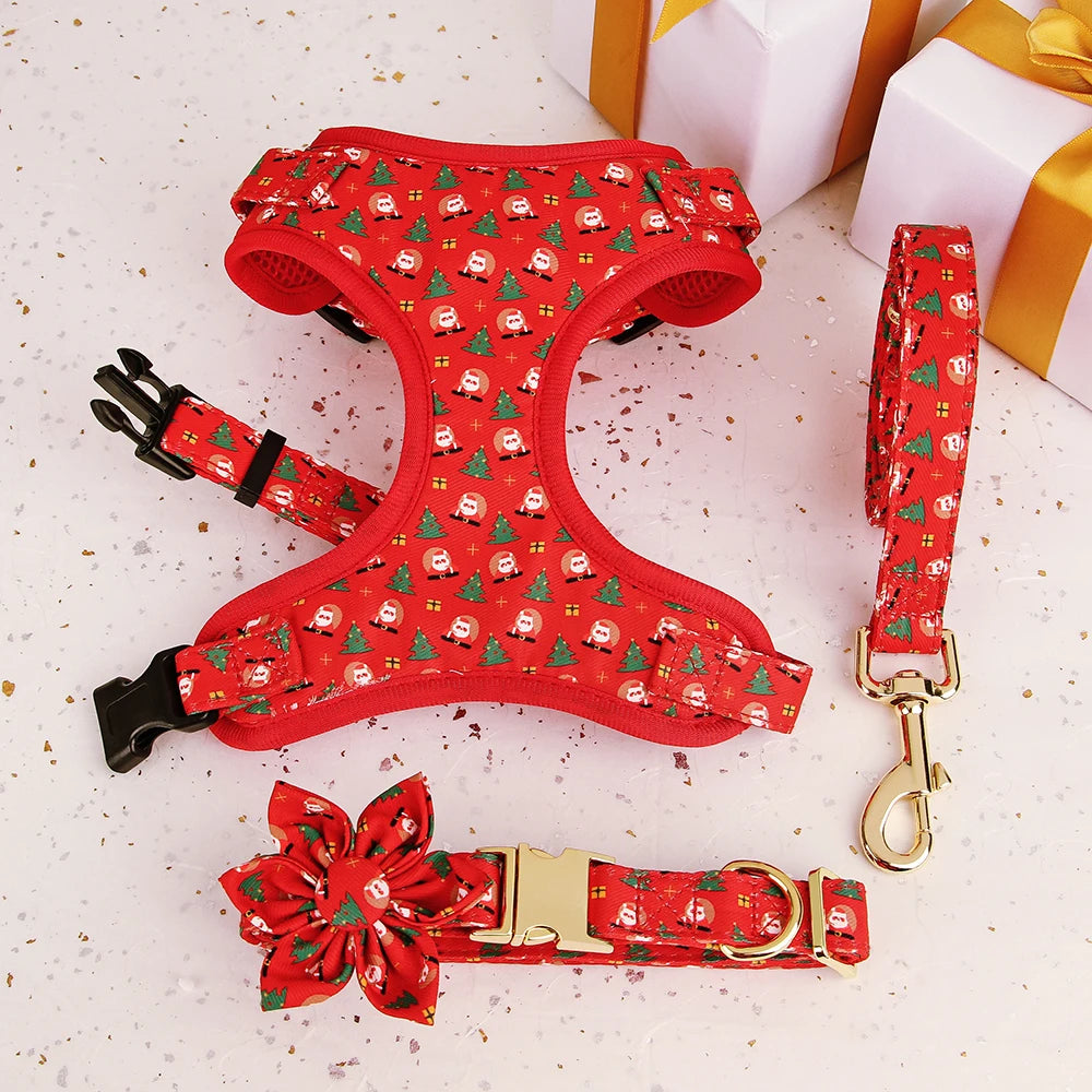 Christmas Dog Walking Set – Breathable Festive Harness, Collar &amp; Leash