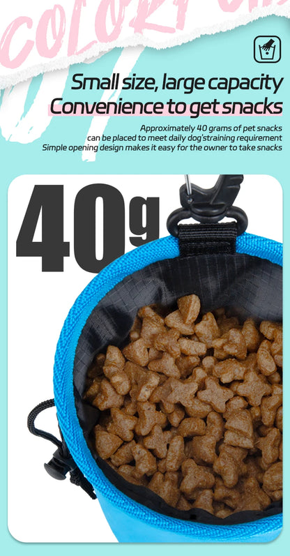Outdoor Portable Dog Training Snack Bag for miniature breeds with clip-on design, quick-access treat pouch, and leash attachment.
