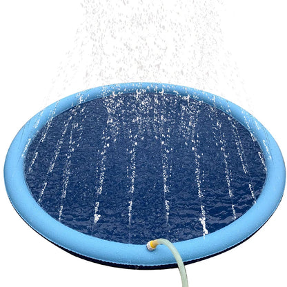Golden retriever playing on an inflatable doggy splash pad in a backyard
