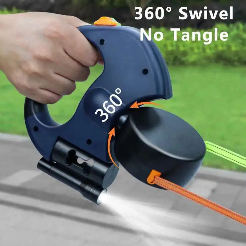 3M dual retractable dog leash with LED flashlight and built-in dog poop bags holder, ideal for walking two dogs with 360° tangle-free control.

