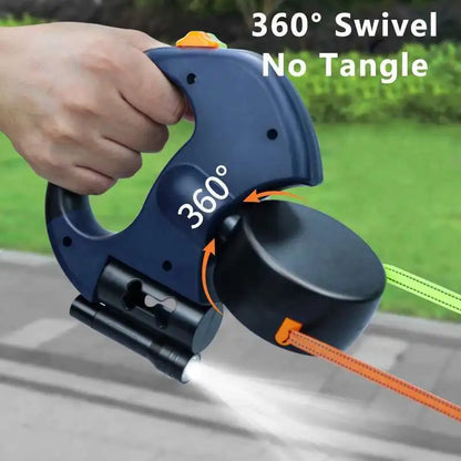 3M dual retractable dog leash with LED flashlight and built-in dog poop bags holder, ideal for walking two dogs with 360° tangle-free control.

