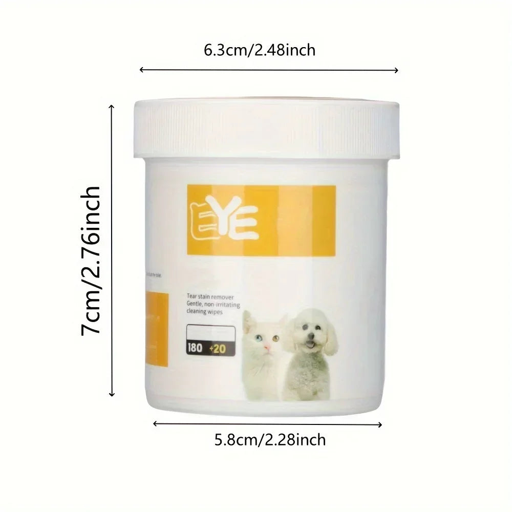 200pcs pet eye cleaning wipes in a resealable pack, designed to gently clean tear stains and eye discharge for dogs, cats, and puppies.