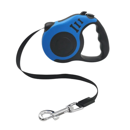 Retractable flexi dog leash in black with anti-slip handle and 3M or 5M nylon cord, designed for dogs of all sizes.