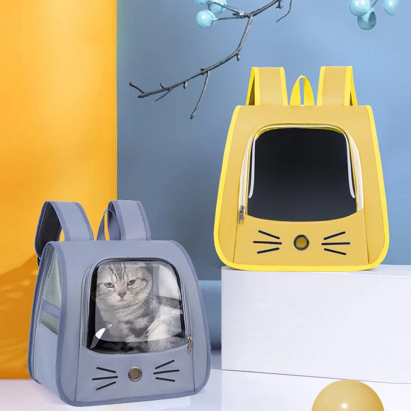 Transparent portable travel backpack for cats and small dogs, breathable shoulder carrier with mesh sides and front window for pet travel comfort.