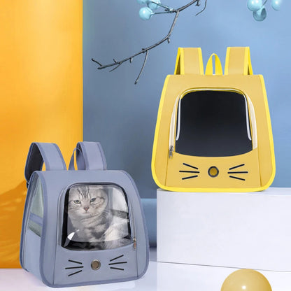 Transparent portable travel backpack for cats and small dogs, breathable shoulder carrier with mesh sides and front window for pet travel comfort.