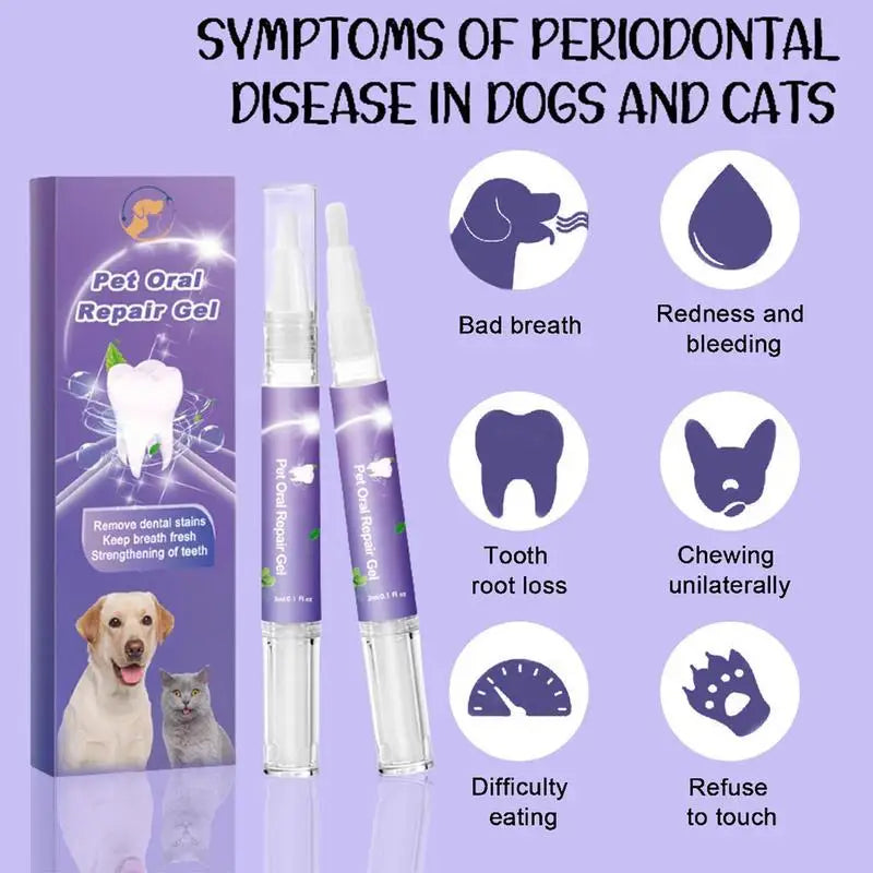 Natural pet oral repair gel toothpaste for dogs and cats with no-brush application, helps clean teeth, freshen breath, and repair gums.

