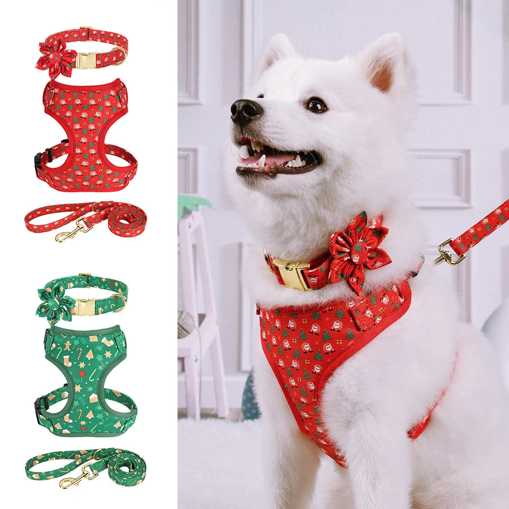 Christmas Dog Walking Set – Breathable Festive Harness, Collar &amp; Leash