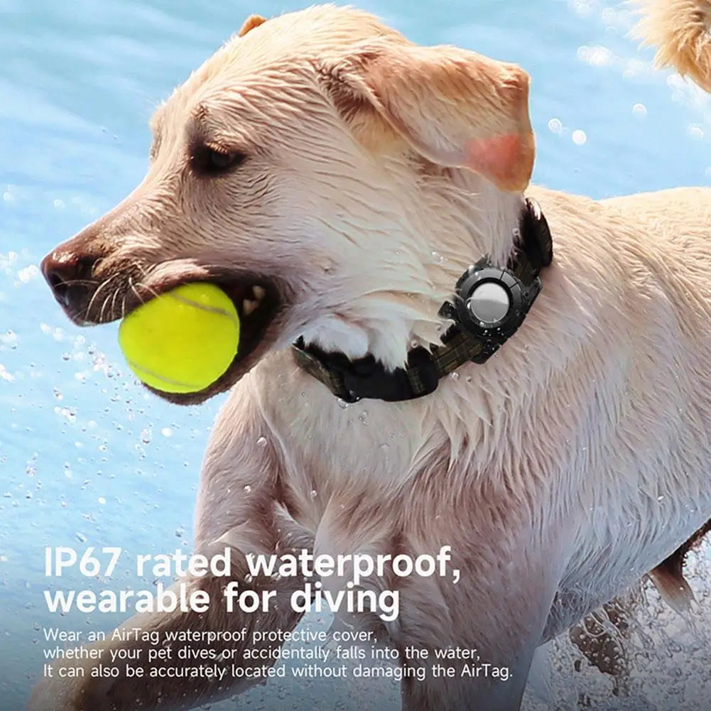IP67 Waterproof Protective AirTag Case attached to a pet collar for GPS tracking