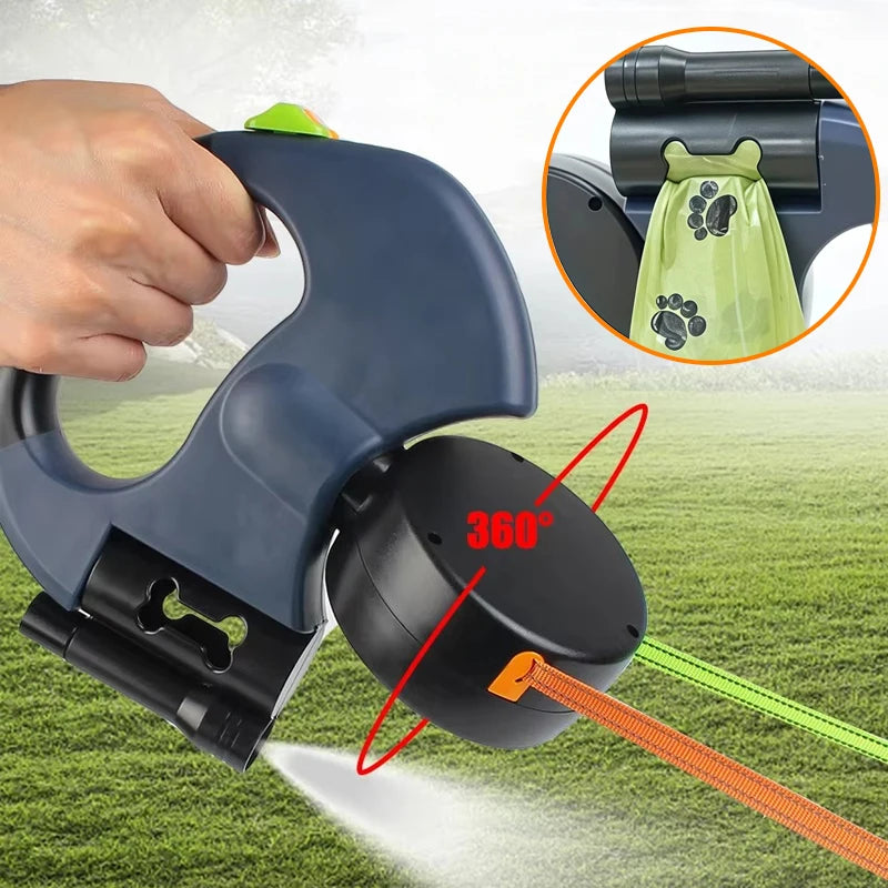 3M dual retractable dog leash with LED flashlight and built-in dog poop bags holder, ideal for walking two dogs with 360° tangle-free control.