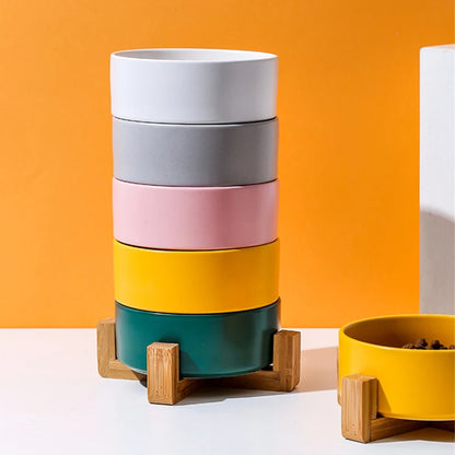 Ceramic Pet Bowl with Wooden Stand – Stylish, Non-Slip, &amp; Easy to Clean
