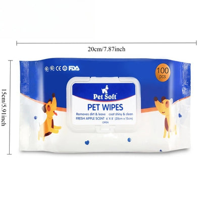 Pack of 100 pet wipes for dogs and cats, designed to gently clean bottoms, paws, and fur, with odor elimination and hypoallergenic formula.