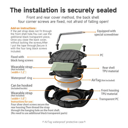 IP67 Waterproof Protective AirTag Case attached to a pet collar for GPS tracking