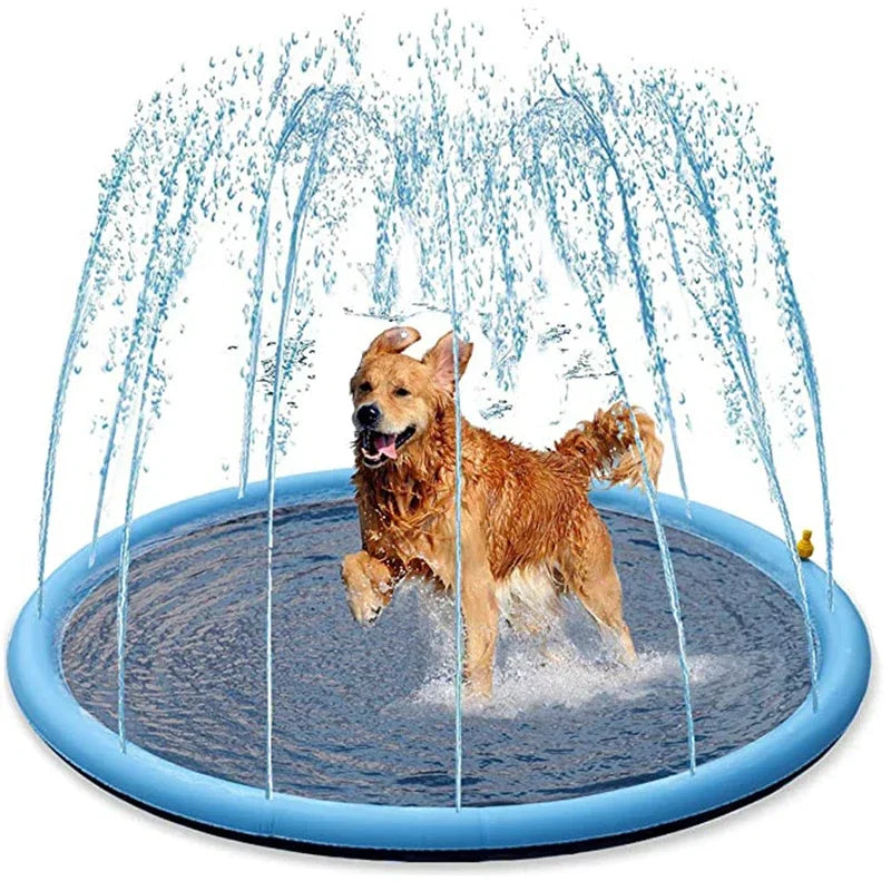 Golden retriever playing on an inflatable doggy splash pad in a backyard