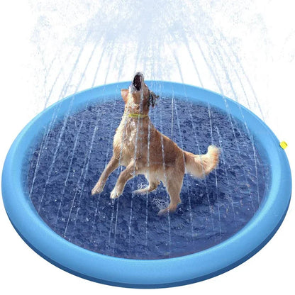 Golden retriever playing on an inflatable doggy splash pad in a backyard